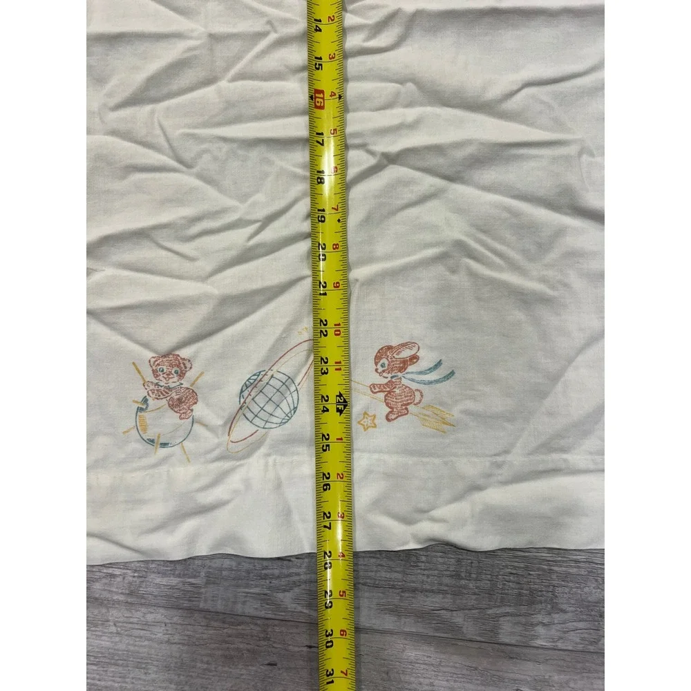 Vintage Embroidered Baby Blanket Space Rocket Bunny Bear White Cotton Nursery